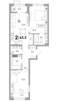 2-к квартира, вторичка, 63м2, 2/16 этаж