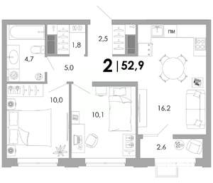 2-к квартира, вторичка, 53м2, 6/16 этаж