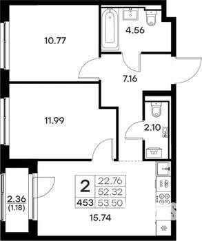 2-к квартира, вторичка, 54м2, 2/17 этаж