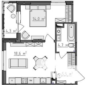 1-к квартира, вторичка, 45м2, 2/9 этаж