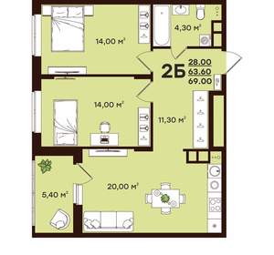2-к квартира, вторичка, 69м2, 3/17 этаж