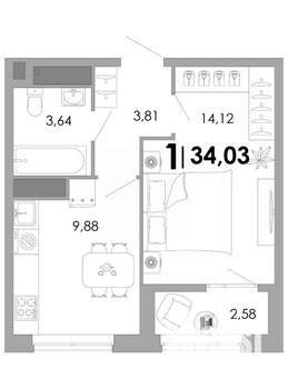 1-к квартира, вторичка, 34м2, 4/17 этаж
