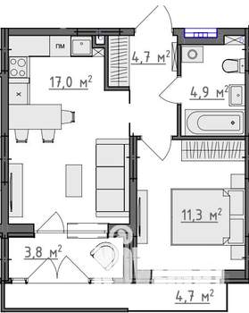 1-к квартира, вторичка, 41м2, 1/9 этаж