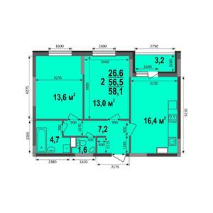 2-к квартира, строящийся дом, 58м2, 15/17 этаж