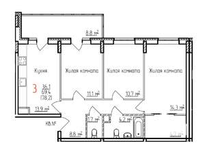 3-к квартира, строящийся дом, 78м2, 2/17 этаж