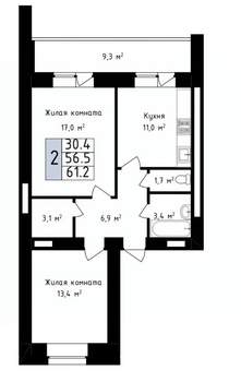 2-к квартира, вторичка, 61м2, 2/14 этаж