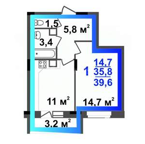1-к квартира, вторичка, 40м2, 14/15 этаж