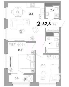 2-к квартира, вторичка, 63м2, 6/17 этаж
