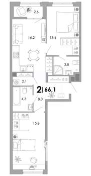 2-к квартира, вторичка, 66м2, 2/17 этаж