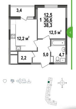 1-к квартира, сданный дом, 38м2, 3/17 этаж