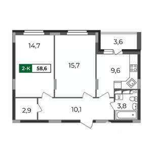 2-к квартира, строящийся дом, 59м2, 2/17 этаж