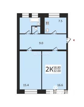 2-к квартира, вторичка, 59м2, 3/3 этаж