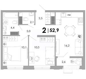 2-к квартира, вторичка, 53м2, 7/16 этаж