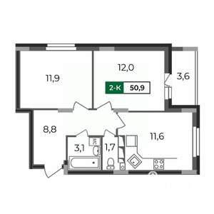 2-к квартира, строящийся дом, 51м2, 2/17 этаж