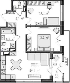 2-к квартира, вторичка, 66м2, 3/9 этаж
