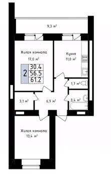 2-к квартира, вторичка, 61м2, 4/14 этаж