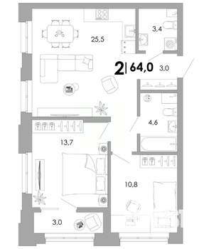 2-к квартира, вторичка, 64м2, 2/17 этаж