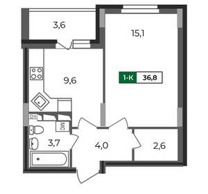 1-к квартира, строящийся дом, 37м2, 15/17 этаж