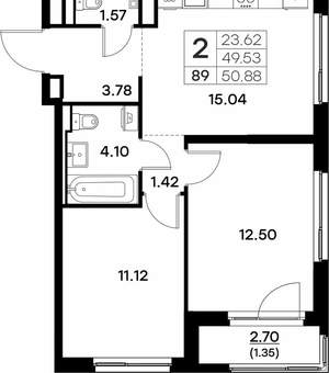 2-к квартира, вторичка, 51м2, 9/17 этаж