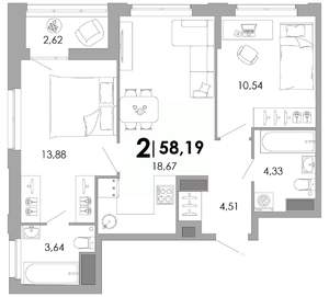 2-к квартира, вторичка, 58м2, 3/17 этаж