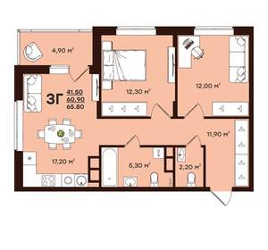 3-к квартира, вторичка, 66м2, 9/17 этаж