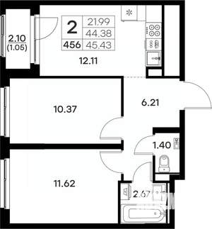 2-к квартира, вторичка, 45м2, 2/17 этаж