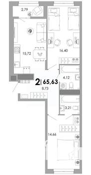 2-к квартира, вторичка, 66м2, 16/17 этаж