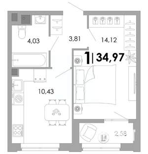 1-к квартира, вторичка, 35м2, 2/17 этаж