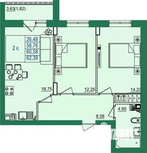 2-к квартира, строящийся дом, 61м2, 4/8 этаж