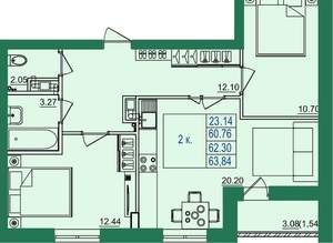2-к квартира, вторичка, 62м2, 1/8 этаж