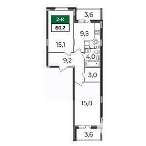 2-к квартира, строящийся дом, 60м2, 16/17 этаж
