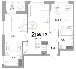 2-к квартира, вторичка, 58м2, 16/17 этаж