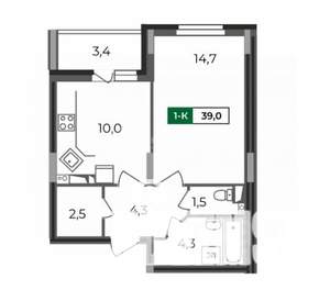 1-к квартира, строящийся дом, 39м2, 12/17 этаж
