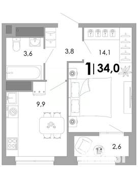 1-к квартира, вторичка, 34м2, 13/17 этаж