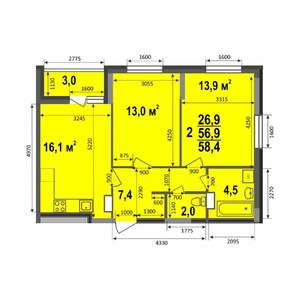 2-к квартира, строящийся дом, 58м2, 11/17 этаж