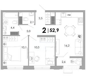 2-к квартира, вторичка, 53м2, 6/16 этаж