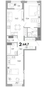 2-к квартира, вторичка, 65м2, 8/17 этаж