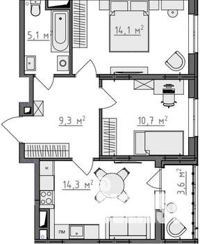 2-к квартира, вторичка, 55м2, 9/9 этаж