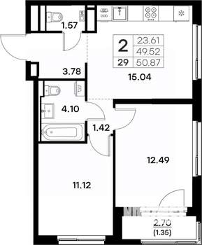 2-к квартира, вторичка, 51м2, 4/17 этаж