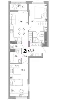 2-к квартира, вторичка, 64м2, 8/17 этаж