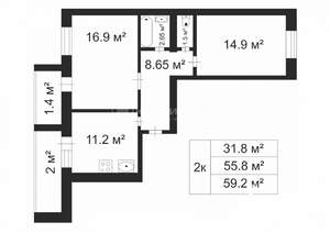 2-к квартира, вторичка, 56м2, 9/9 этаж