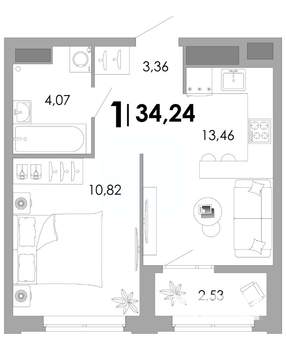 1-к квартира, вторичка, 34м2, 14/17 этаж