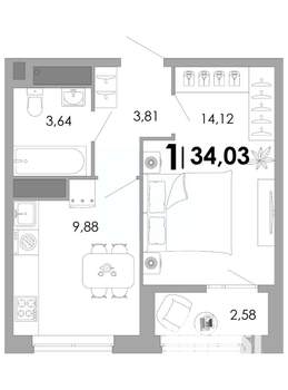 1-к квартира, вторичка, 34м2, 11/17 этаж