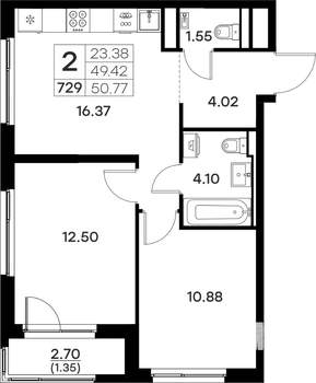 2-к квартира, вторичка, 51м2, 13/17 этаж