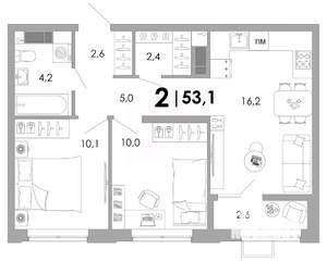 2-к квартира, вторичка, 53м2, 4/16 этаж