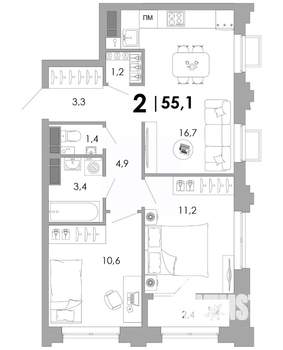 2-к квартира, вторичка, 55м2, 2/16 этаж