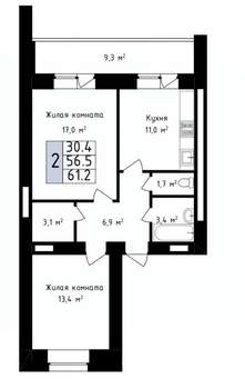 2-к квартира, вторичка, 61м2, 1/14 этаж