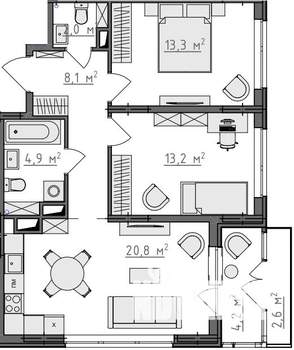 2-к квартира, вторичка, 65м2, 4/9 этаж