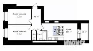2-к квартира, вторичка, 62м2, 3/14 этаж