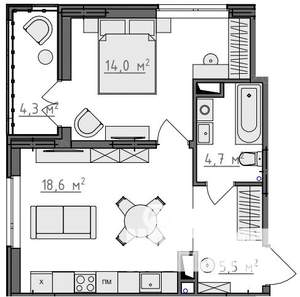 1-к квартира, вторичка, 45м2, 8/9 этаж